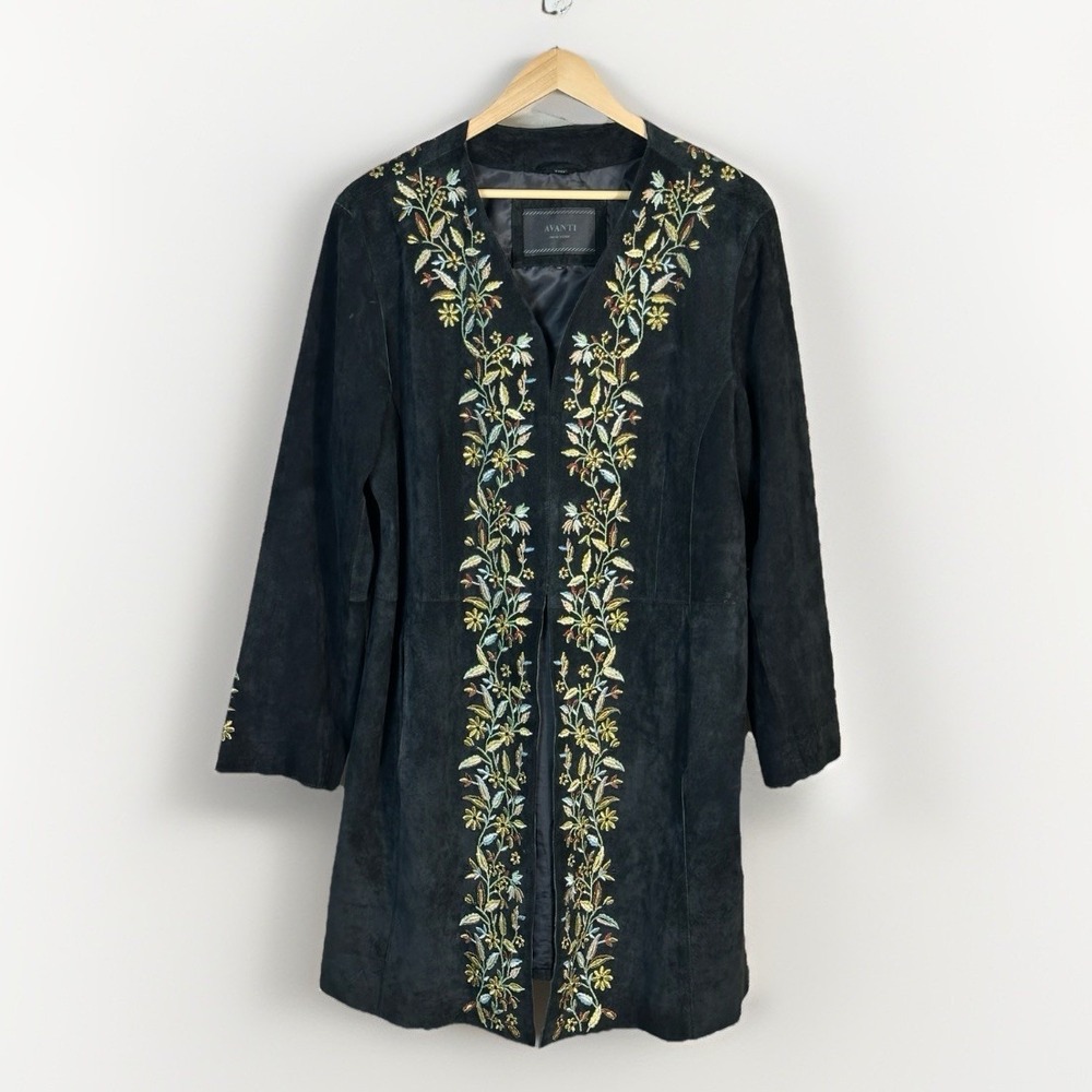 VTG Y2K Avanti Coat Women's 1X Black Suede Floral Embroidered Boho Hippie Jacket